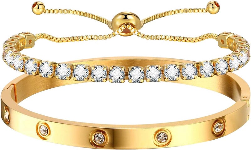 MPRAINBOW 2pcs 18K Gold Plated Chain Link Bracelet, Stainless Steel Crystal Friendship Bracelets Bangle,Watch Band Chains Wristband Jewelry with Adjust Tool - Image 1